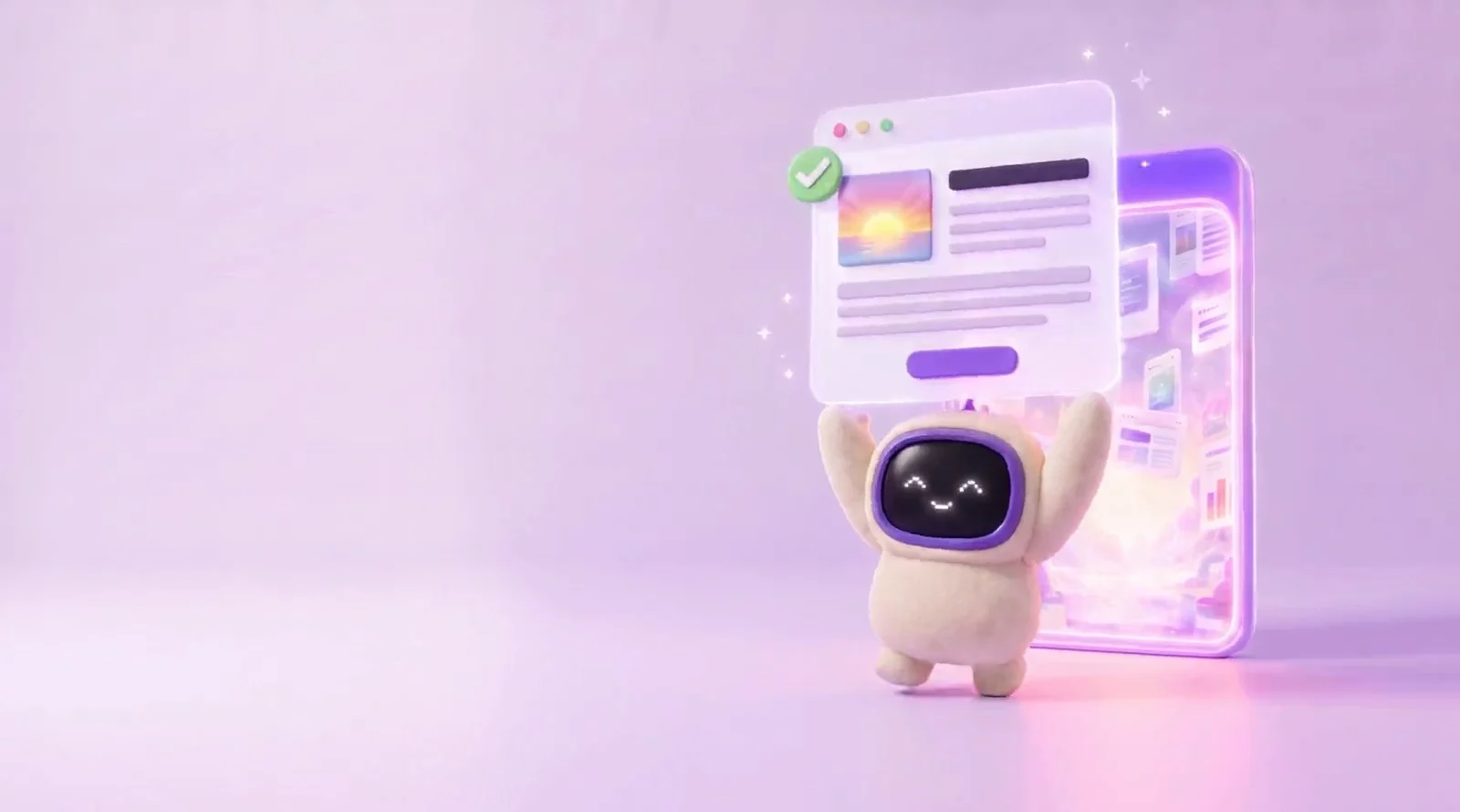 Wovio levanta con los brazos un sitio web ya reparado, con una palomita verde, delante del portal.